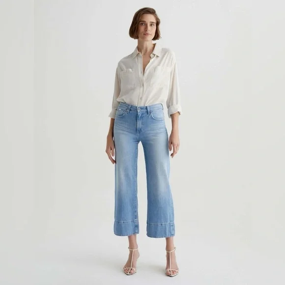 Zara Cropped Wide Leg Jeans high rise blue - Picture 2 of 12